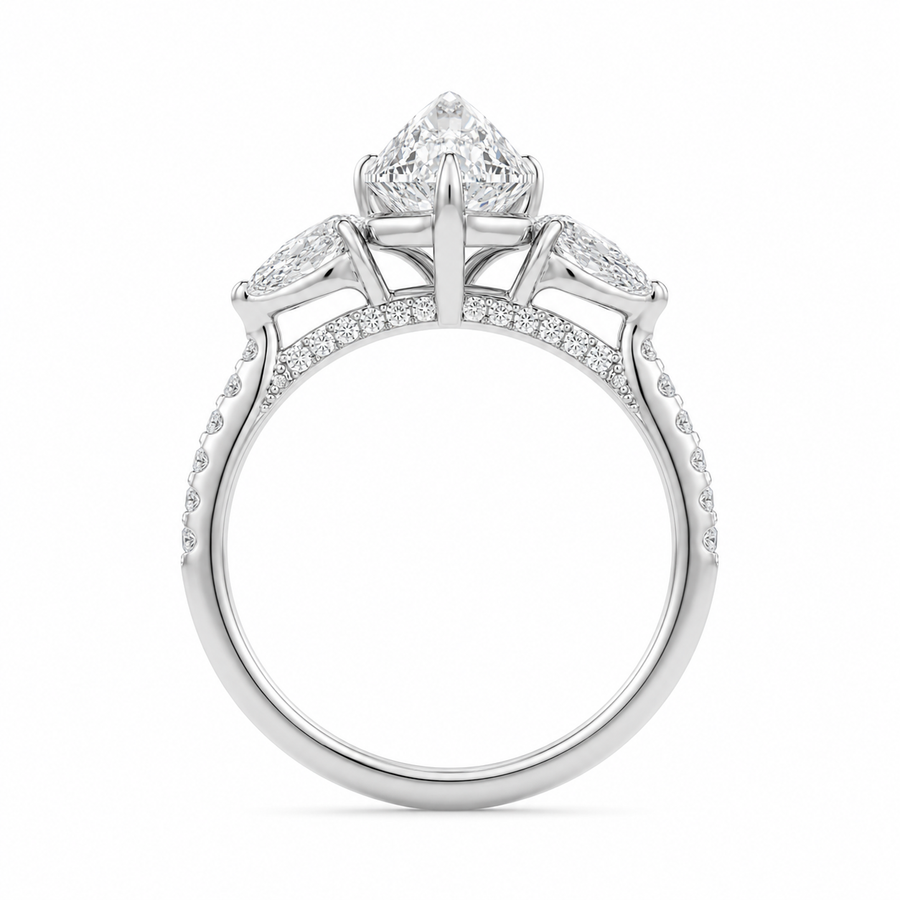 3.00 CT Marquise Cut Lab-Grown Diamond Three-Stone Engagement Ring in 14K White Gold – Pear Side Diamond Pavé Trilogy Design