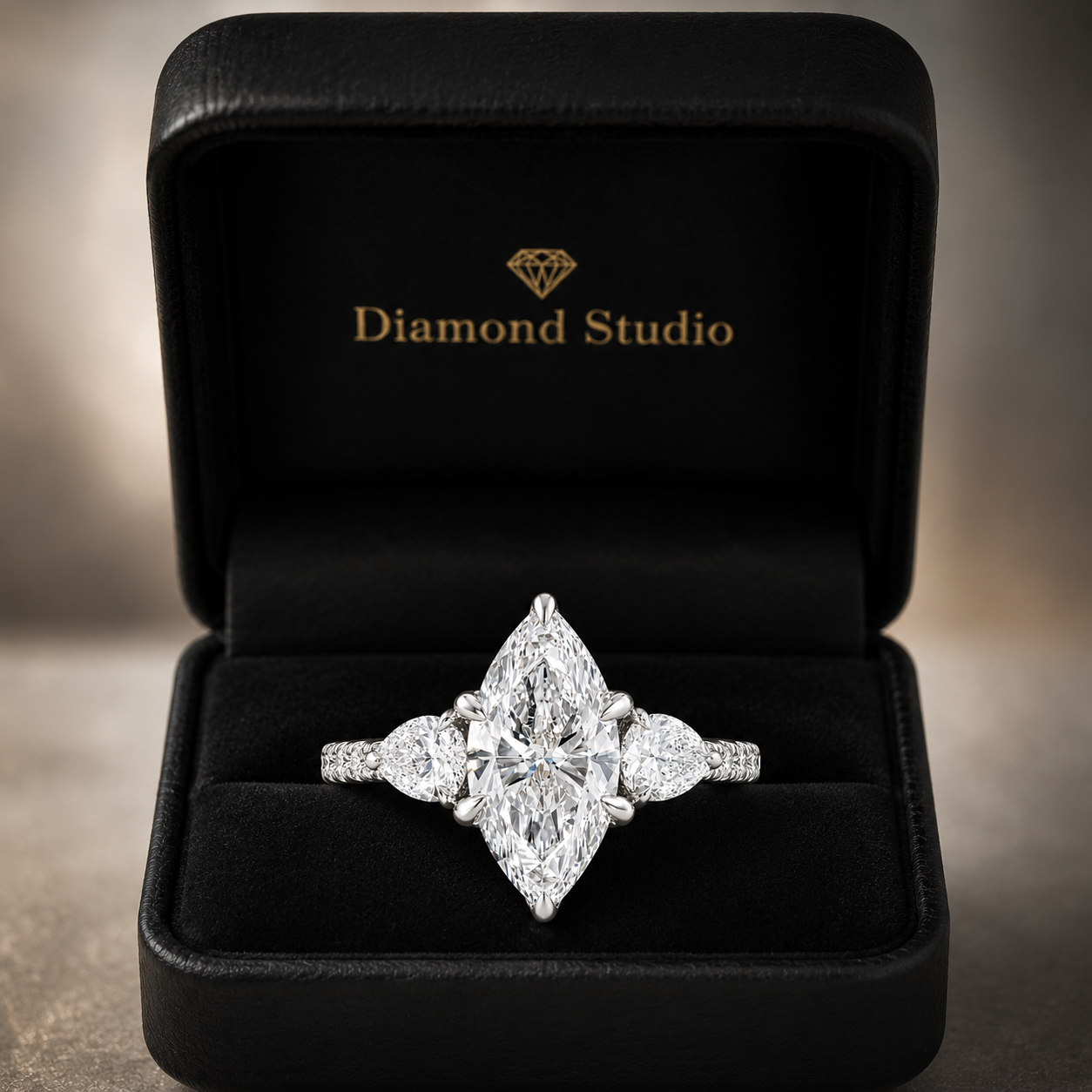 3.00 CT Marquise Cut Lab-Grown Diamond Three-Stone Engagement Ring in 14K White Gold – Pear Side Diamond Pavé Trilogy Design