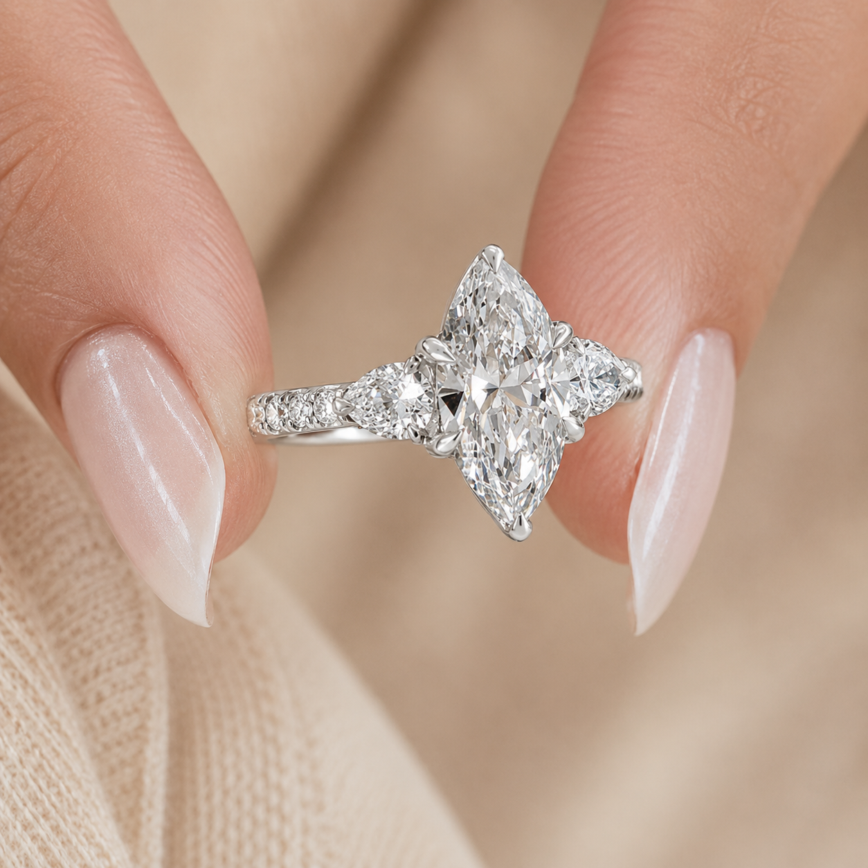 3.00 CT Marquise Cut Lab-Grown Diamond Three-Stone Engagement Ring in 14K White Gold – Pear Side Diamond Pavé Trilogy Design