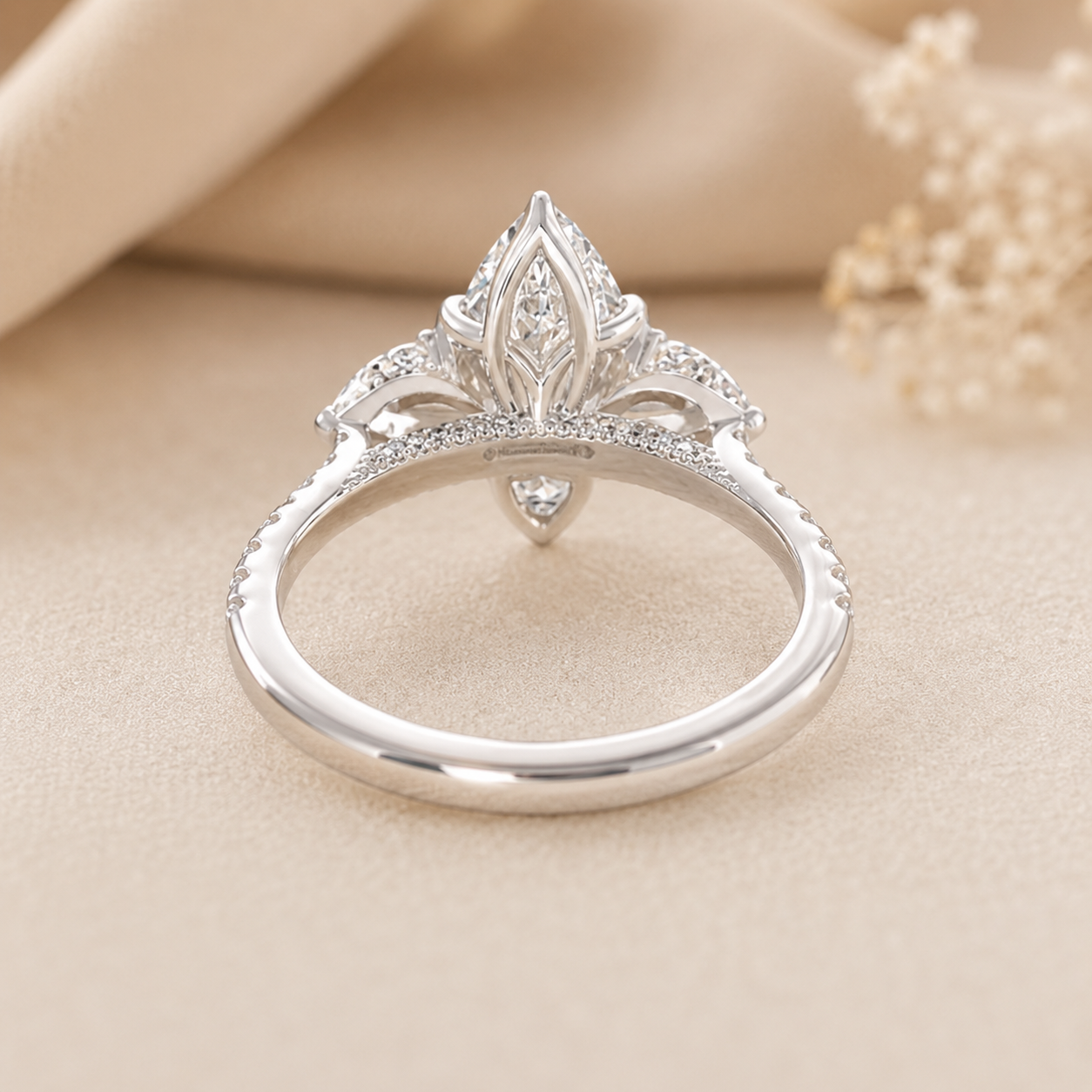 3.00 CT Marquise Cut Lab-Grown Diamond Three-Stone Engagement Ring in 14K White Gold – Pear Side Diamond Pavé Trilogy Design