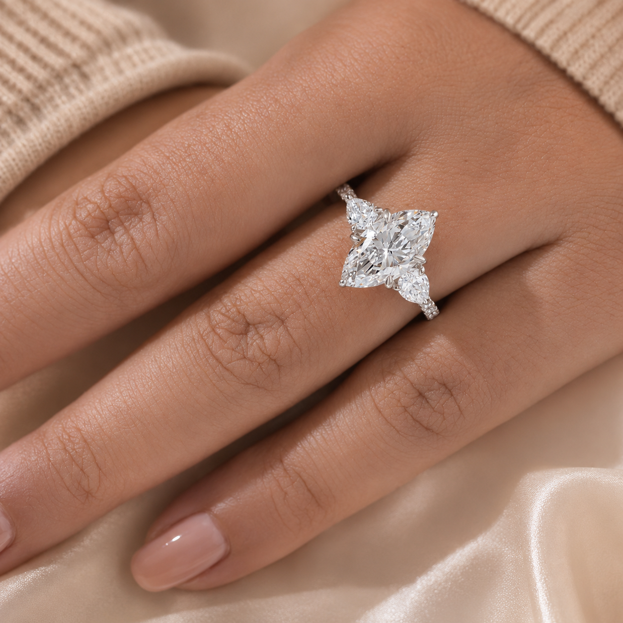 3.00 CT Marquise Cut Lab-Grown Diamond Three-Stone Engagement Ring in 14K White Gold – Pear Side Diamond Pavé Trilogy Design