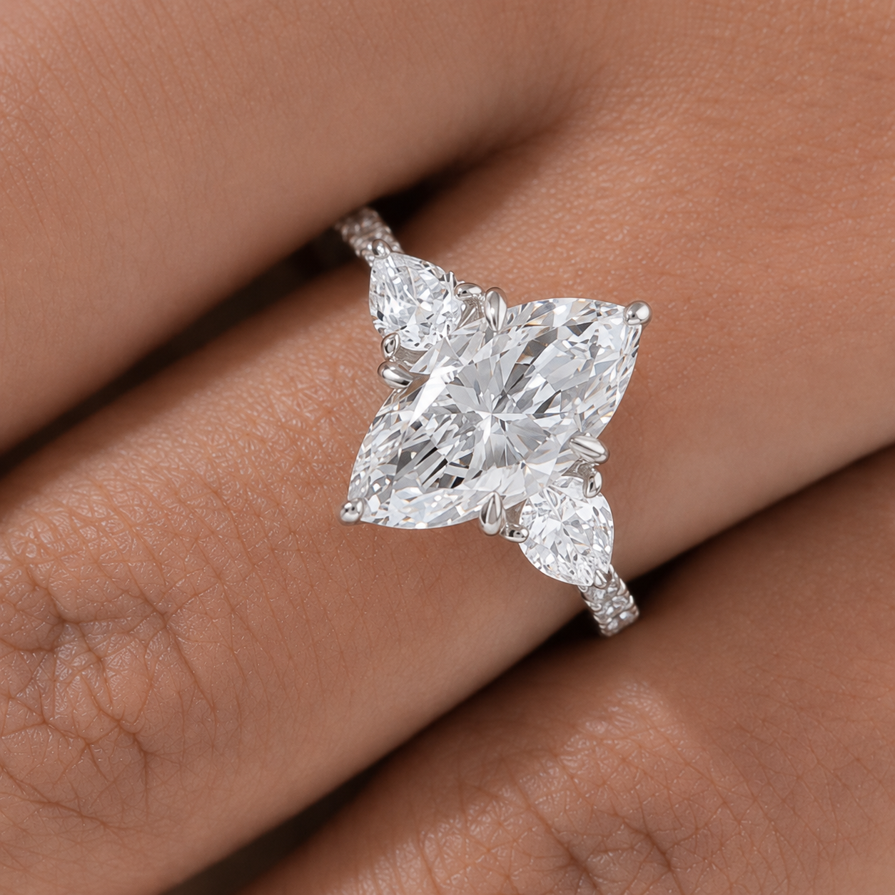 3.00 CT Marquise Cut Lab-Grown Diamond Three-Stone Engagement Ring in 14K White Gold – Pear Side Diamond Pavé Trilogy Design