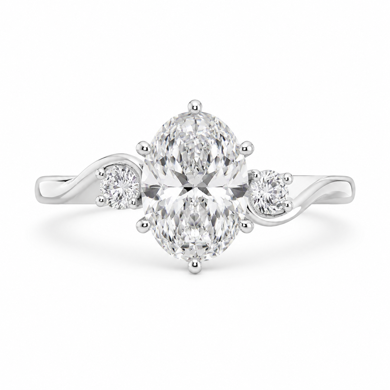 3.00 CT Oval Lab-Grown Diamond Three-Stone Engagement Ring in 14K White Gold – Round Diamond Trilogy Wedding Design