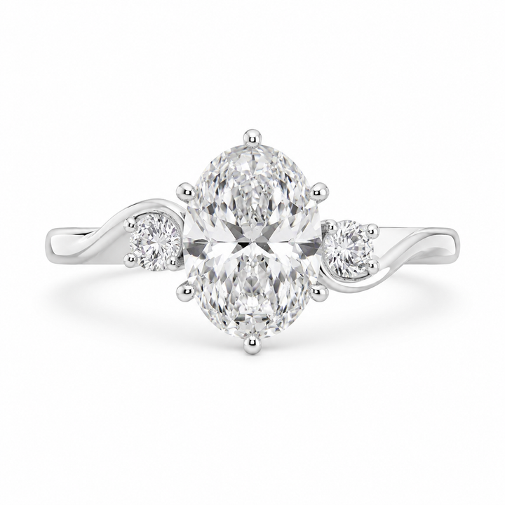 3.00 CT Oval Lab-Grown Diamond Three-Stone Engagement Ring in 14K White Gold â€“ Round Diamond Trilogy Wedding Design from Diamond Studio