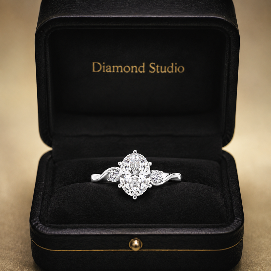 3.00 CT Oval Lab-Grown Diamond Three-Stone Engagement Ring in 14K White Gold – Round Diamond Trilogy Wedding Design