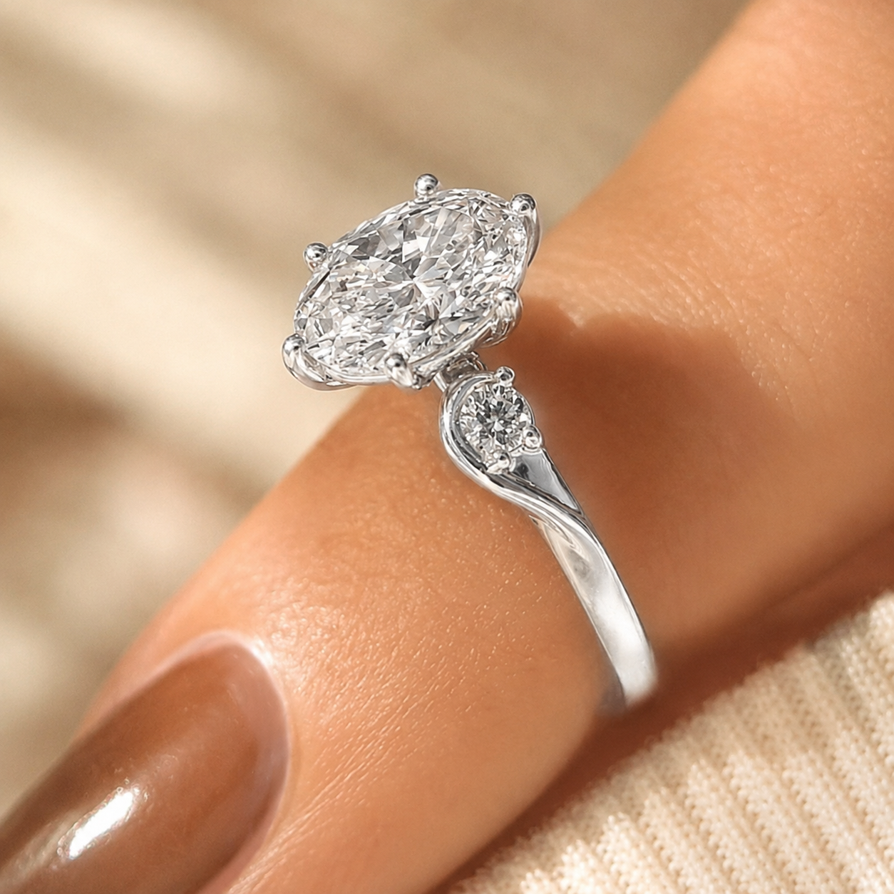 3.00 CT Oval Lab-Grown Diamond Three-Stone Engagement Ring in 14K White Gold – Round Diamond Trilogy Wedding Design