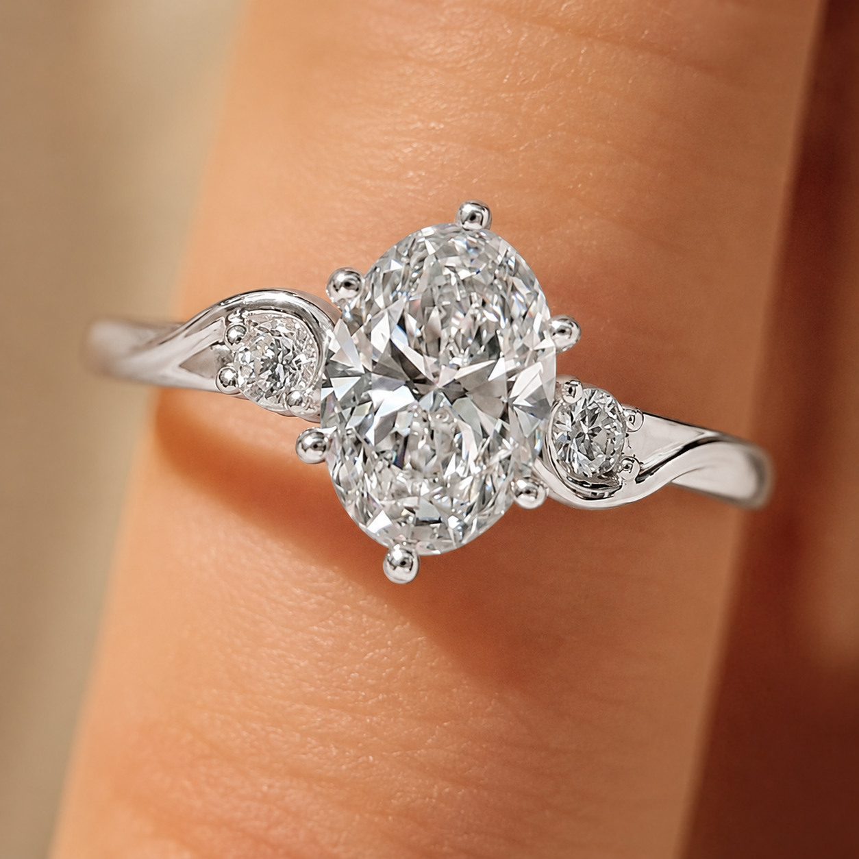 3.00 CT Oval Lab-Grown Diamond Three-Stone Engagement Ring in 14K White Gold – Round Diamond Trilogy Wedding Design