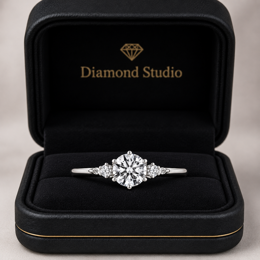 1.00 CT Round Cut Lab-Grown Diamond Three-Stone Engagement Ring in 14K White Gold – Six Prong Classic Design