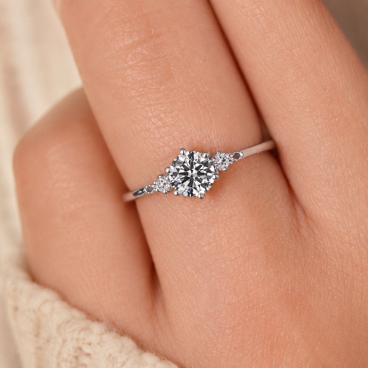 1.00 CT Round Cut Lab-Grown Diamond Three-Stone Engagement Ring in 14K White Gold – Six Prong Classic Design