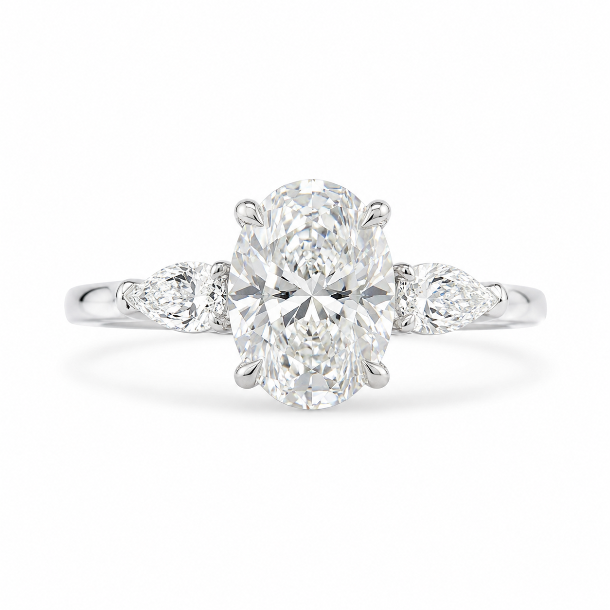 1.70 CT Oval Lab-Grown Diamond Three-Stone Engagement Ring in 14K White Gold – Pear Side Diamond Wedding Design