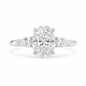 1.70 CT Oval Lab-Grown Diamond Three-Stone Engagement Ring in 14K White Gold – Pear Side Diamond Wedding Design