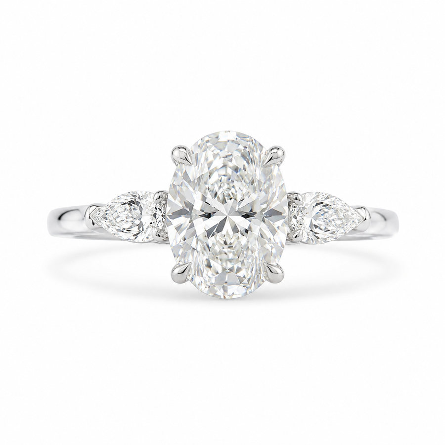 1.70 CT Oval Lab-Grown Diamond Three-Stone Engagement Ring in 14K White Gold – Pear Side Diamond Wedding Design