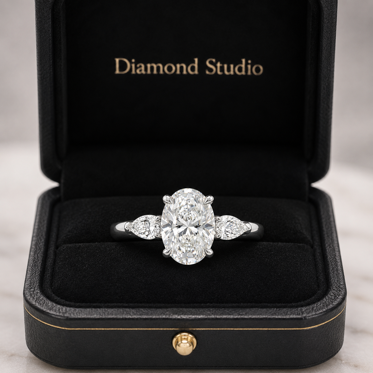 1.70 CT Oval Lab-Grown Diamond Three-Stone Engagement Ring in 14K White Gold – Pear Side Diamond Wedding Design
