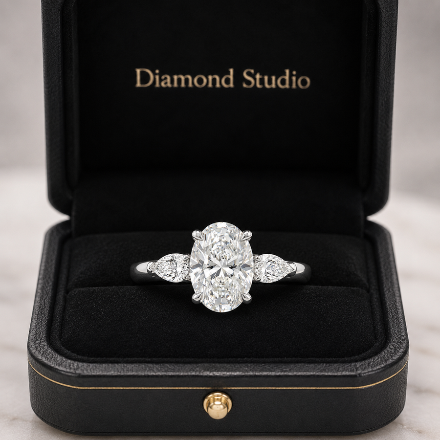 1.70 CT Oval Lab-Grown Diamond Three-Stone Engagement Ring in 14K White Gold – Pear Side Diamond Wedding Design
