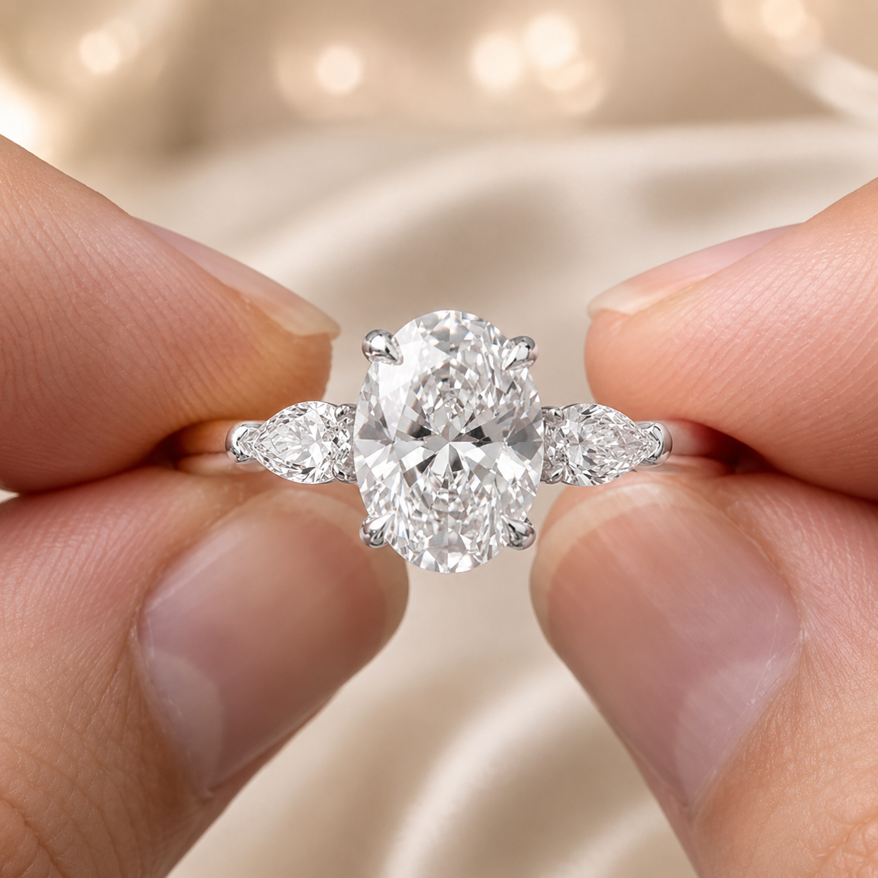 1.70 CT Oval Lab-Grown Diamond Three-Stone Engagement Ring in 14K White Gold – Pear Side Diamond Wedding Design