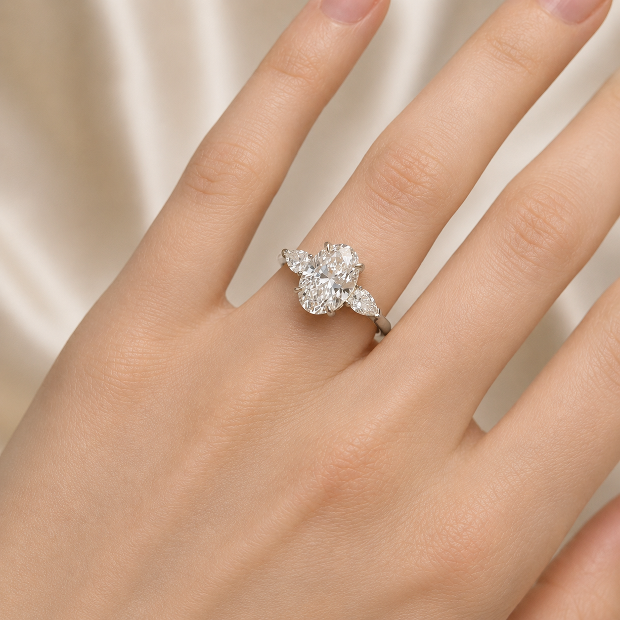 1.70 CT Oval Lab-Grown Diamond Three-Stone Engagement Ring in 14K White Gold – Pear Side Diamond Wedding Design