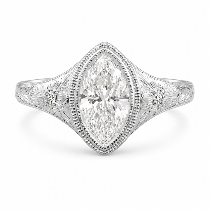 2.00 CT Marquise Cut Lab-Grown Diamond Engagement Ring in 14K White Gold â€“ Antique Floral Engraved Milgrain Bezel Design from Diamond Studio