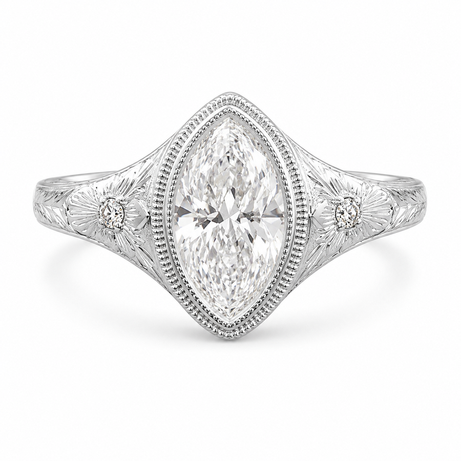 2.00 CT Marquise Cut Lab-Grown Diamond Engagement Ring in 14K White Gold – Antique Floral Engraved Milgrain Bezel Design
