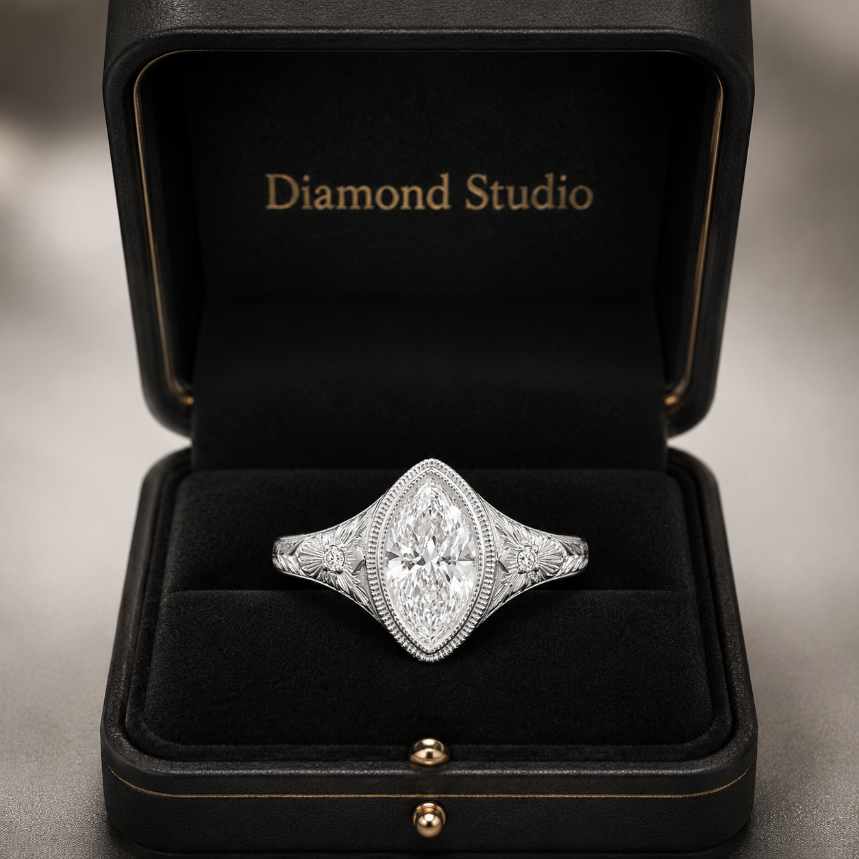 2.00 CT Marquise Cut Lab-Grown Diamond Engagement Ring in 14K White Gold – Antique Floral Engraved Milgrain Bezel Design