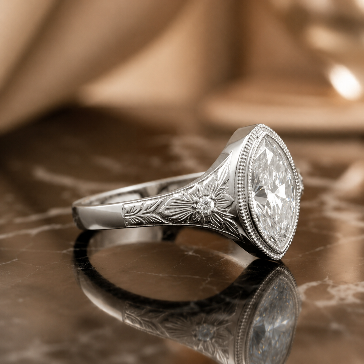 2.00 CT Marquise Cut Lab-Grown Diamond Engagement Ring in 14K White Gold – Antique Floral Engraved Milgrain Bezel Design