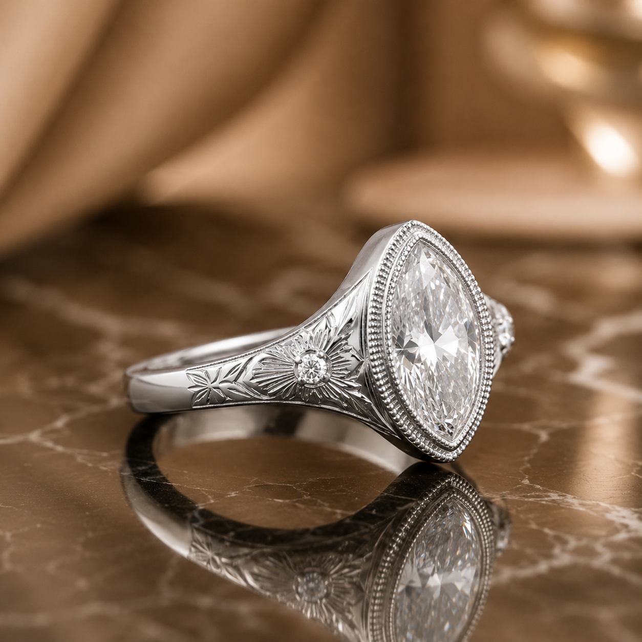 2.00 CT Marquise Cut Lab-Grown Diamond Engagement Ring in 14K White Gold – Antique Floral Engraved Milgrain Bezel Design
