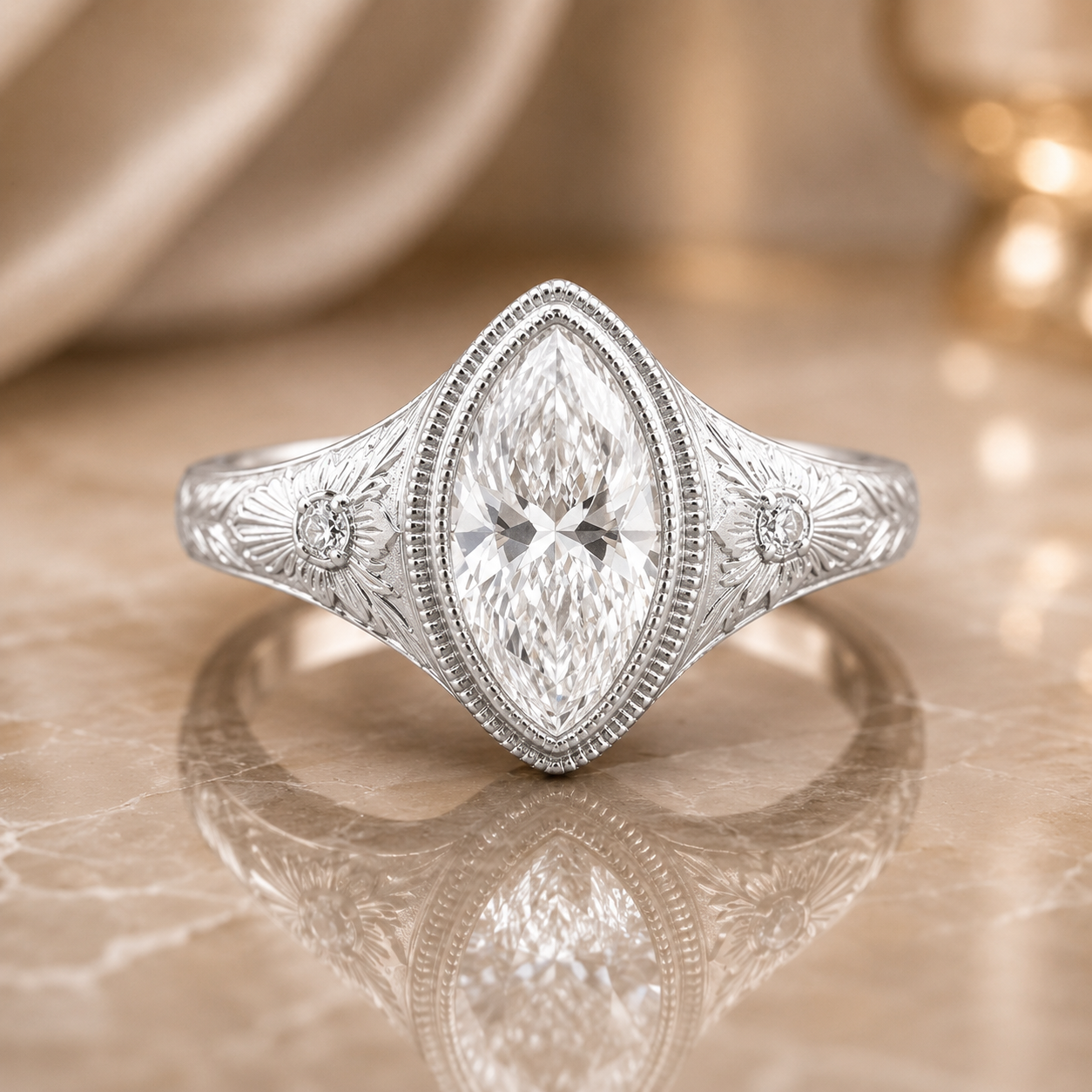2.00 CT Marquise Cut Lab-Grown Diamond Engagement Ring in 14K White Gold – Antique Floral Engraved Milgrain Bezel Design