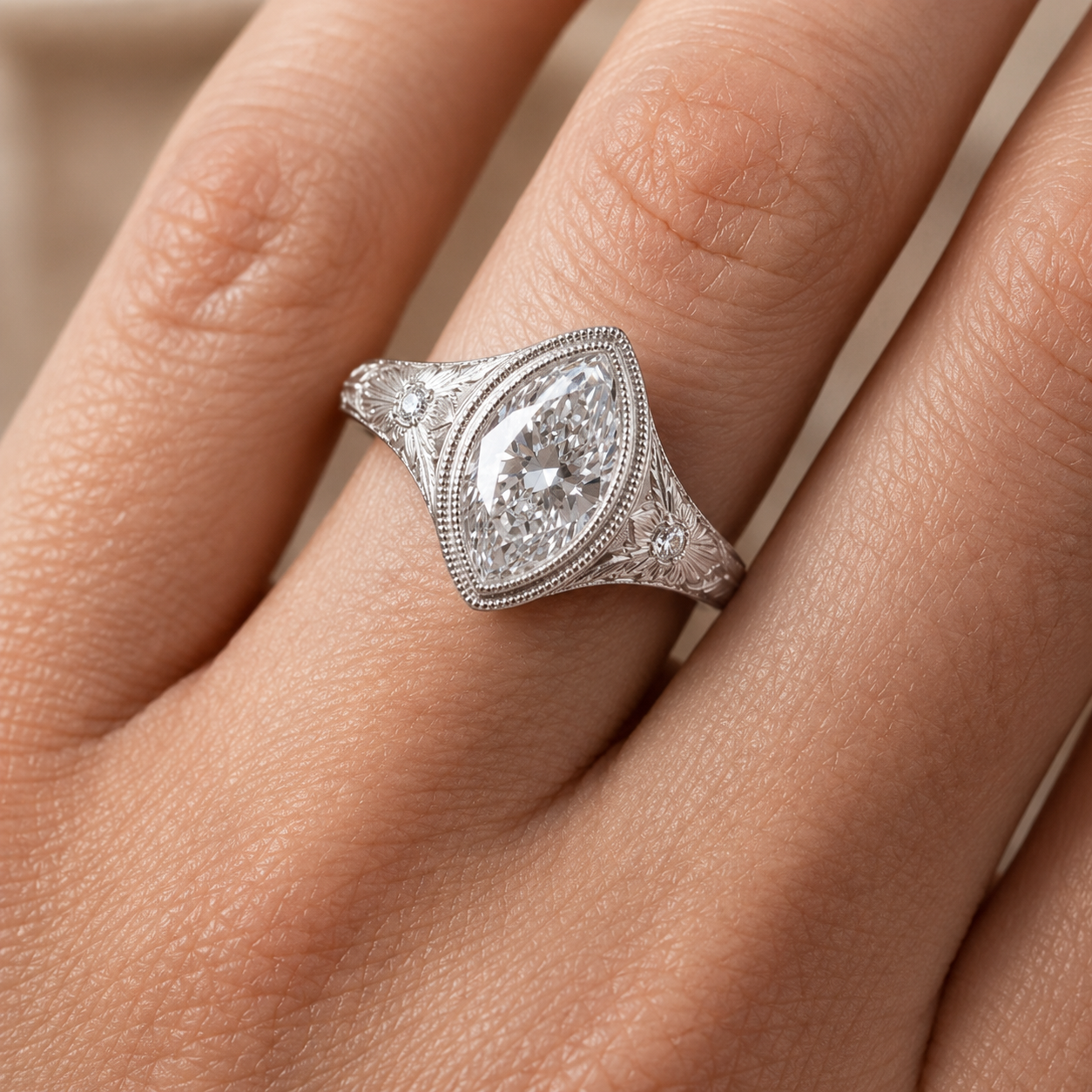2.00 CT Marquise Cut Lab-Grown Diamond Engagement Ring in 14K White Gold – Antique Floral Engraved Milgrain Bezel Design