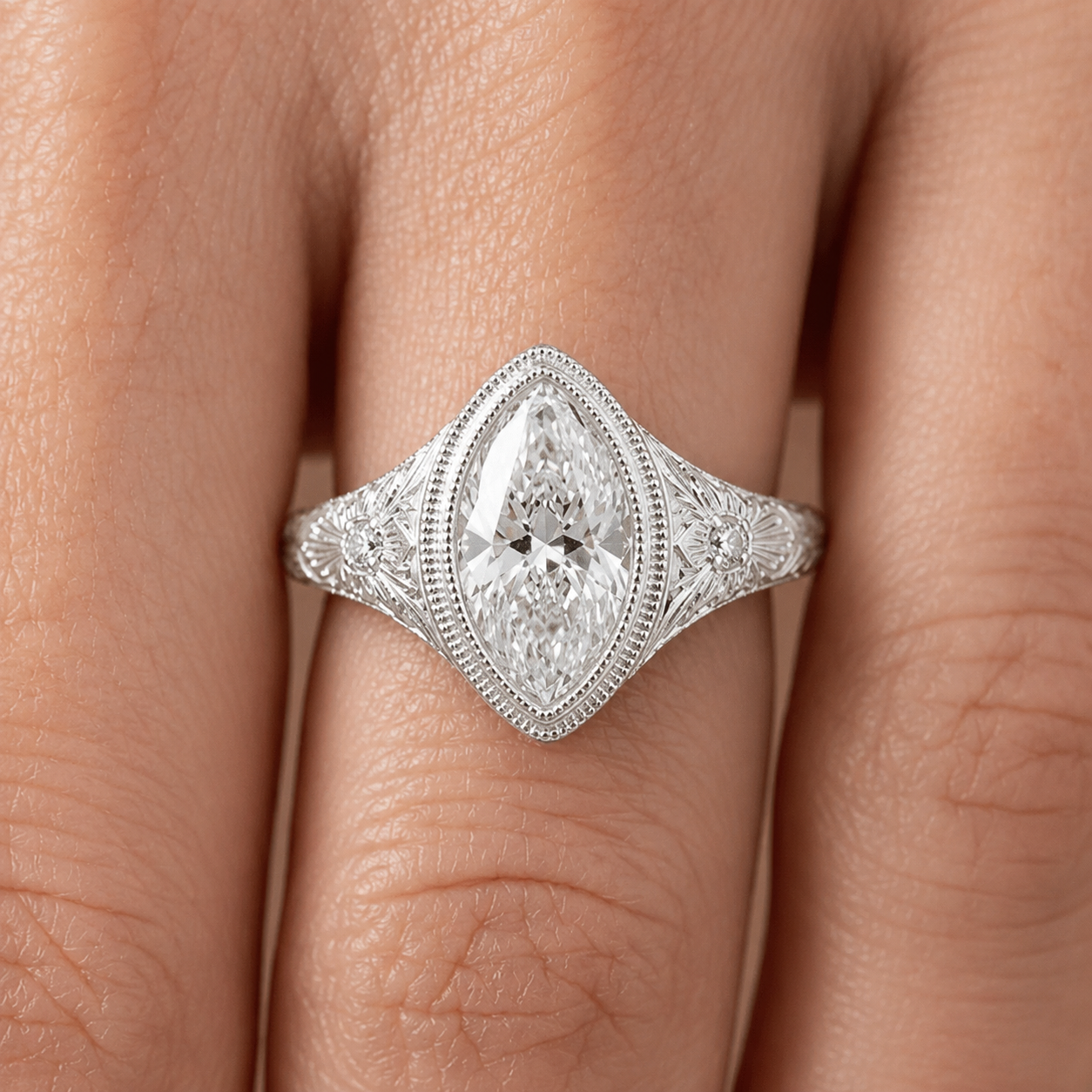 2.00 CT Marquise Cut Lab-Grown Diamond Engagement Ring in 14K White Gold – Antique Floral Engraved Milgrain Bezel Design