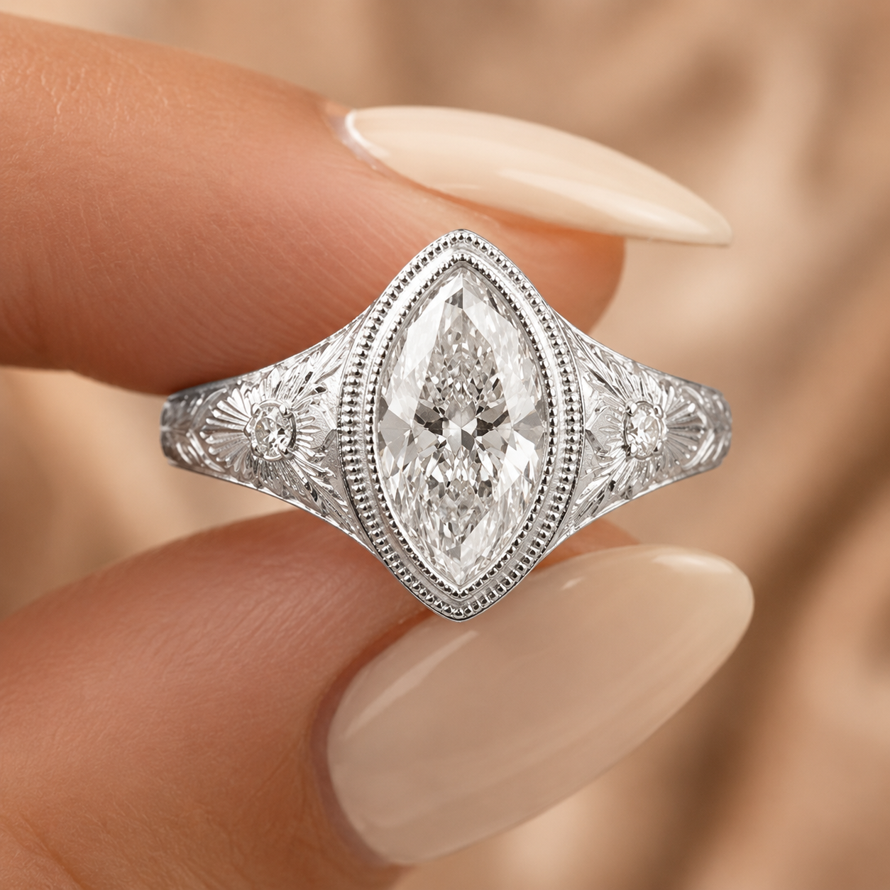 2.00 CT Marquise Cut Lab-Grown Diamond Engagement Ring in 14K White Gold – Antique Floral Engraved Milgrain Bezel Design