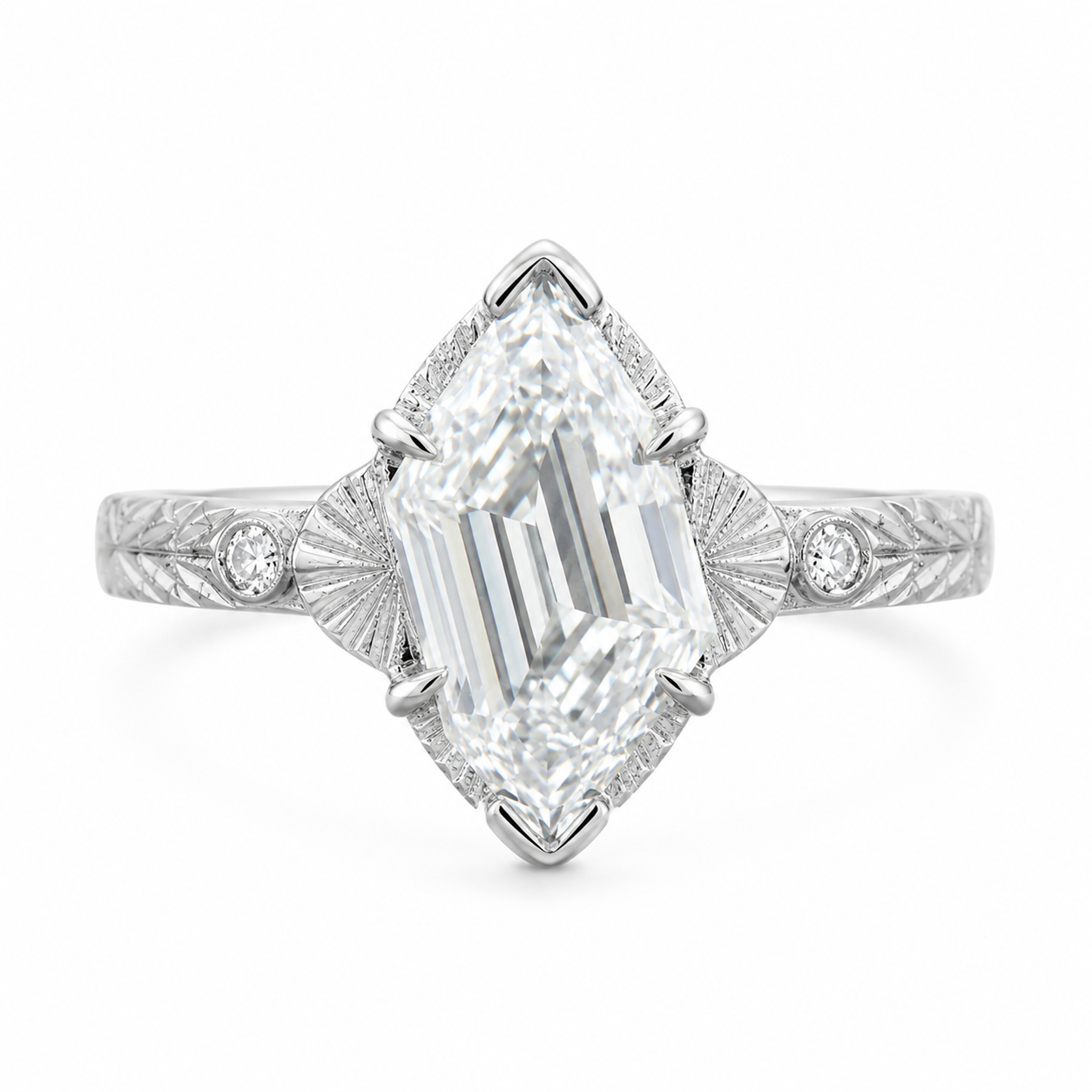 3.00 CT Edwardian Art Deco Lab-Grown Diamond Engagement Ring in 14K White Gold – Flame Cut Vintage Engraved Design