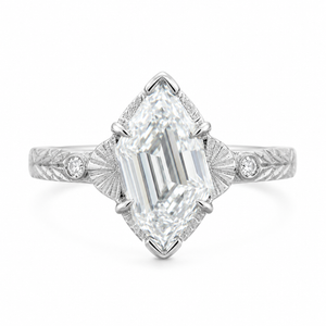 3.00 CT Edwardian Art Deco Lab-Grown Diamond Engagement Ring in 14K White Gold – Flame Cut Vintage Engraved Design