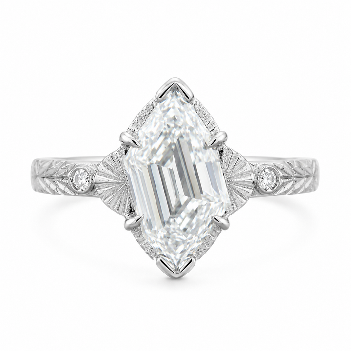 3.00 CT Edwardian Art Deco Lab-Grown Diamond Engagement Ring in 14K White Gold â€“ Flame Cut Vintage Engraved Design from Diamond Studio