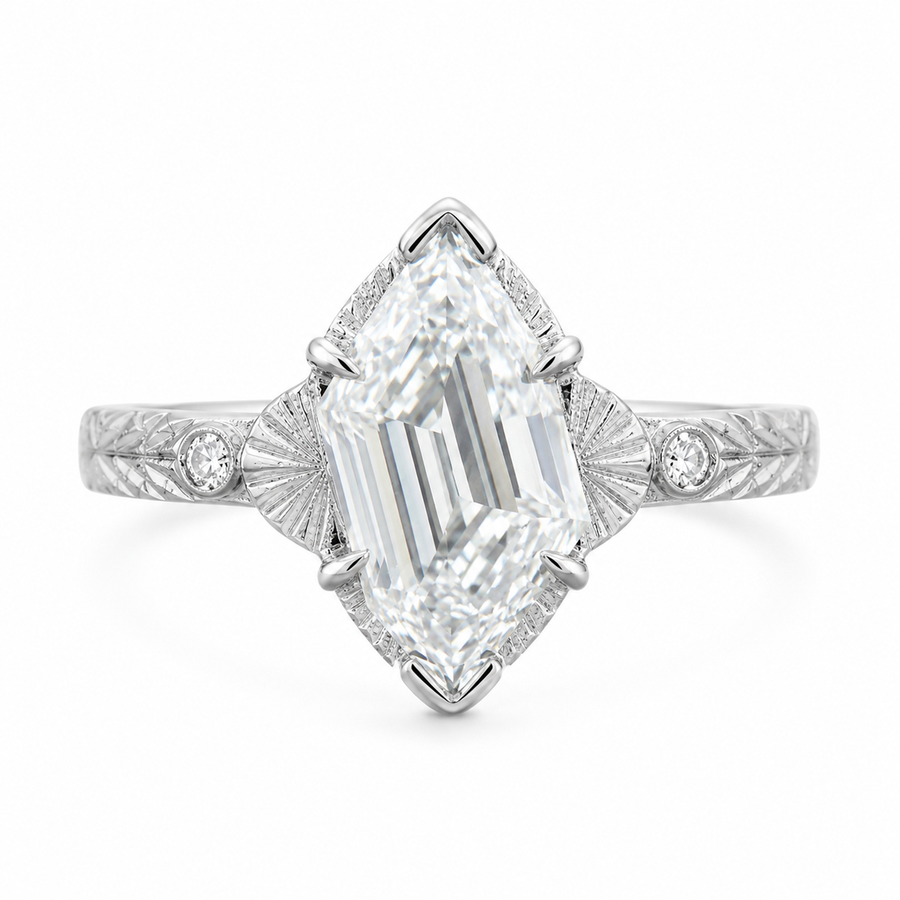 3.00 CT Edwardian Art Deco Lab-Grown Diamond Engagement Ring in 14K White Gold – Flame Cut Vintage Engraved Design