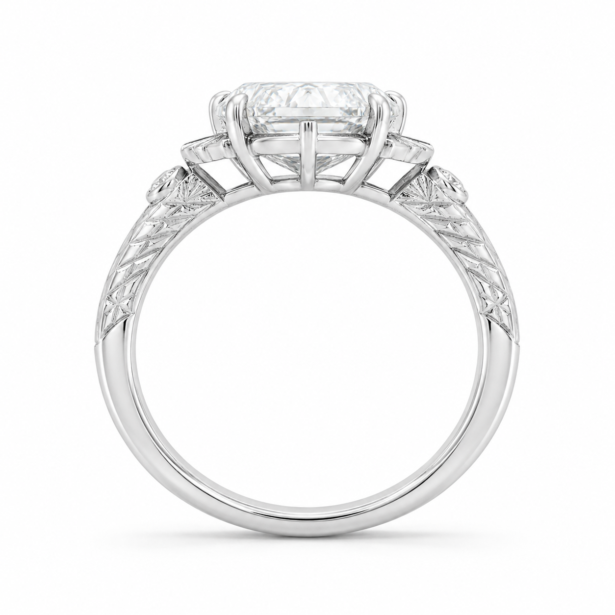 3.00 CT Edwardian Art Deco Lab-Grown Diamond Engagement Ring in 14K White Gold – Flame Cut Vintage Engraved Design