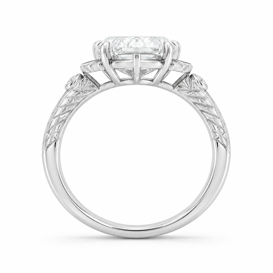 3.00 CT Edwardian Art Deco Lab-Grown Diamond Engagement Ring in 14K White Gold – Flame Cut Vintage Engraved Design