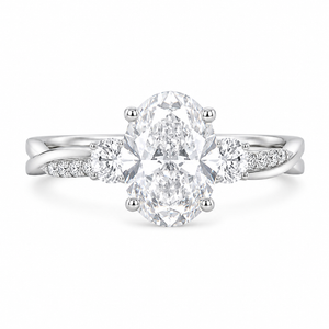 1.50 CT Oval Cut Lab-Grown Diamond Three-Stone Engagement Ring in 14K White Gold – Twisted Band Wedding Design