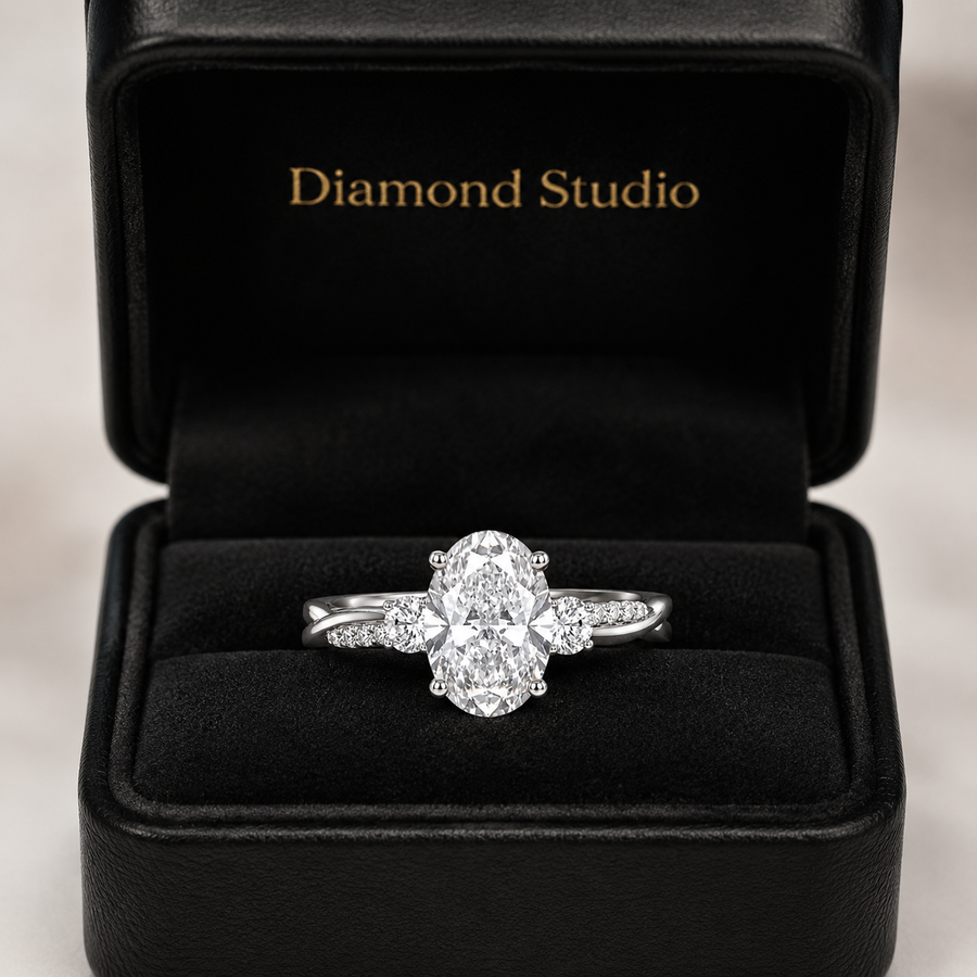 1.50 CT Oval Cut Lab-Grown Diamond Three-Stone Engagement Ring in 14K White Gold – Twisted Band Wedding Design