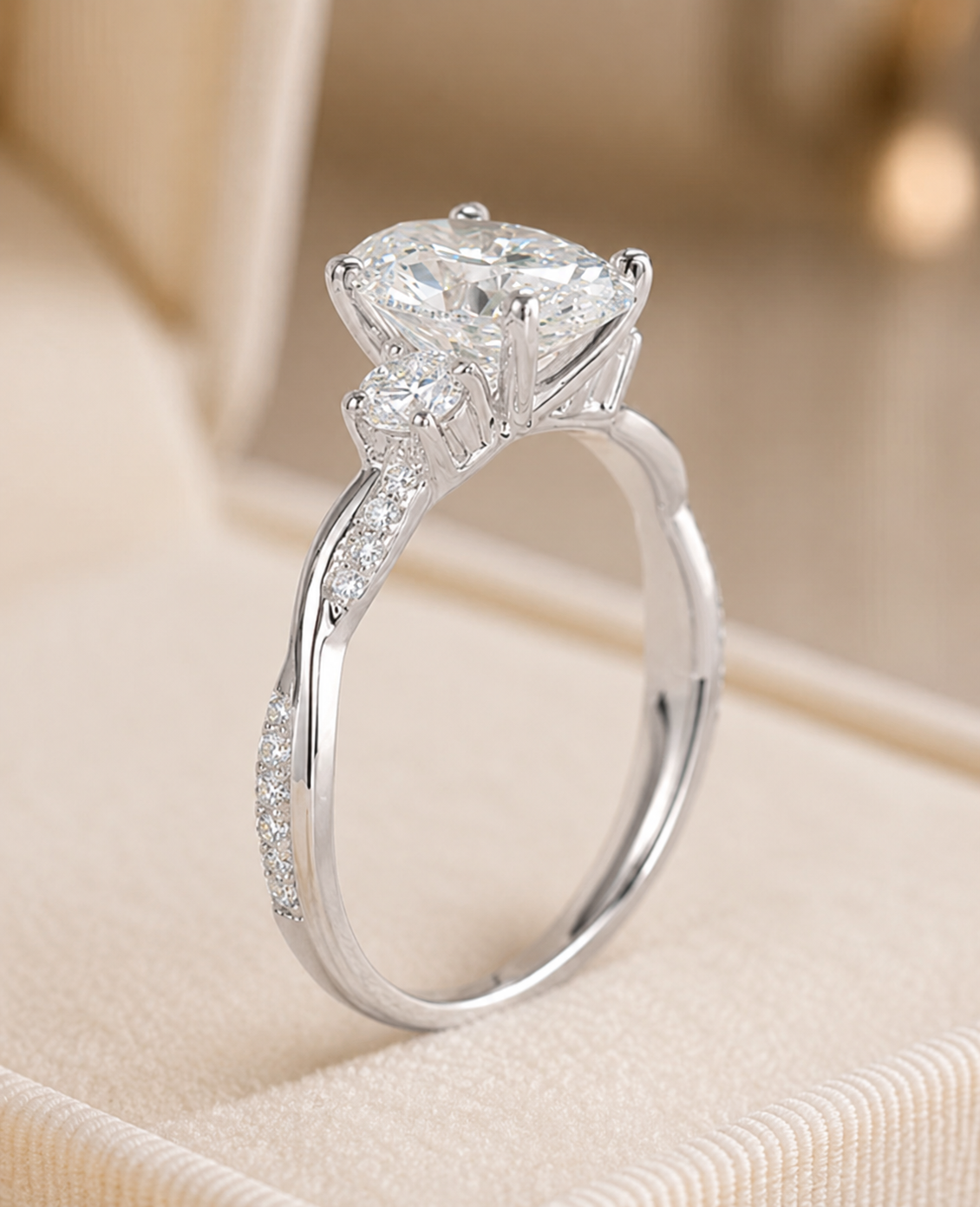 1.50 CT Oval Cut Lab-Grown Diamond Three-Stone Engagement Ring in 14K White Gold – Twisted Band Wedding Design