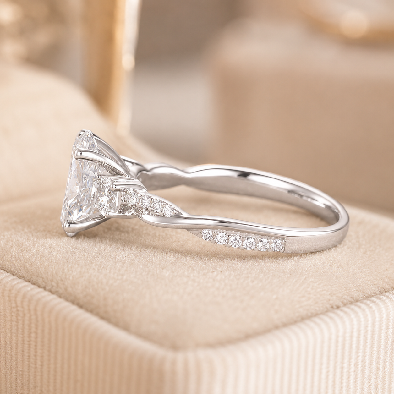 1.50 CT Oval Cut Lab-Grown Diamond Three-Stone Engagement Ring in 14K White Gold – Twisted Band Wedding Design