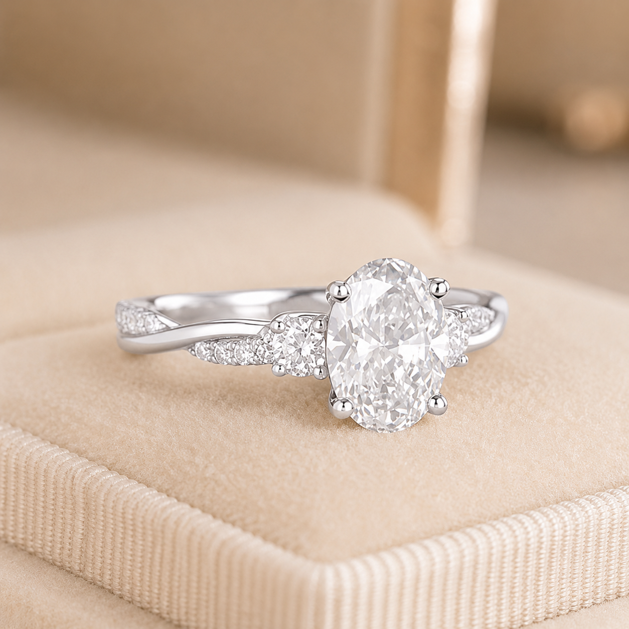 1.50 CT Oval Cut Lab-Grown Diamond Three-Stone Engagement Ring in 14K White Gold – Twisted Band Wedding Design