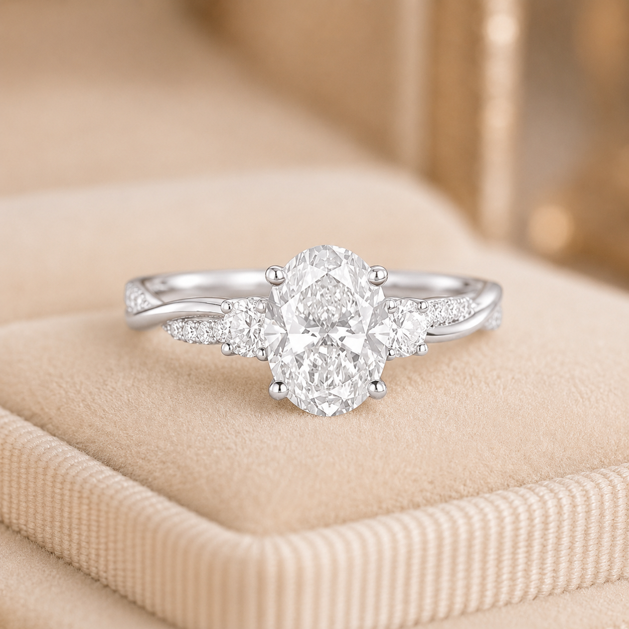 1.50 CT Oval Cut Lab-Grown Diamond Three-Stone Engagement Ring in 14K White Gold – Twisted Band Wedding Design