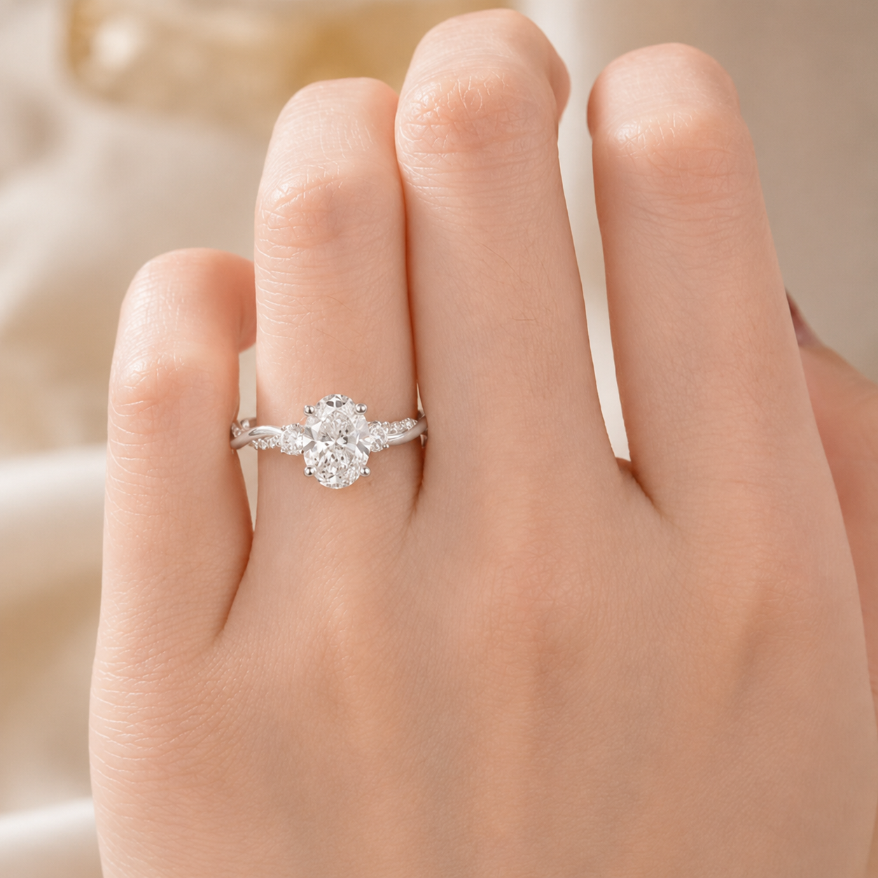 1.50 CT Oval Cut Lab-Grown Diamond Three-Stone Engagement Ring in 14K White Gold – Twisted Band Wedding Design