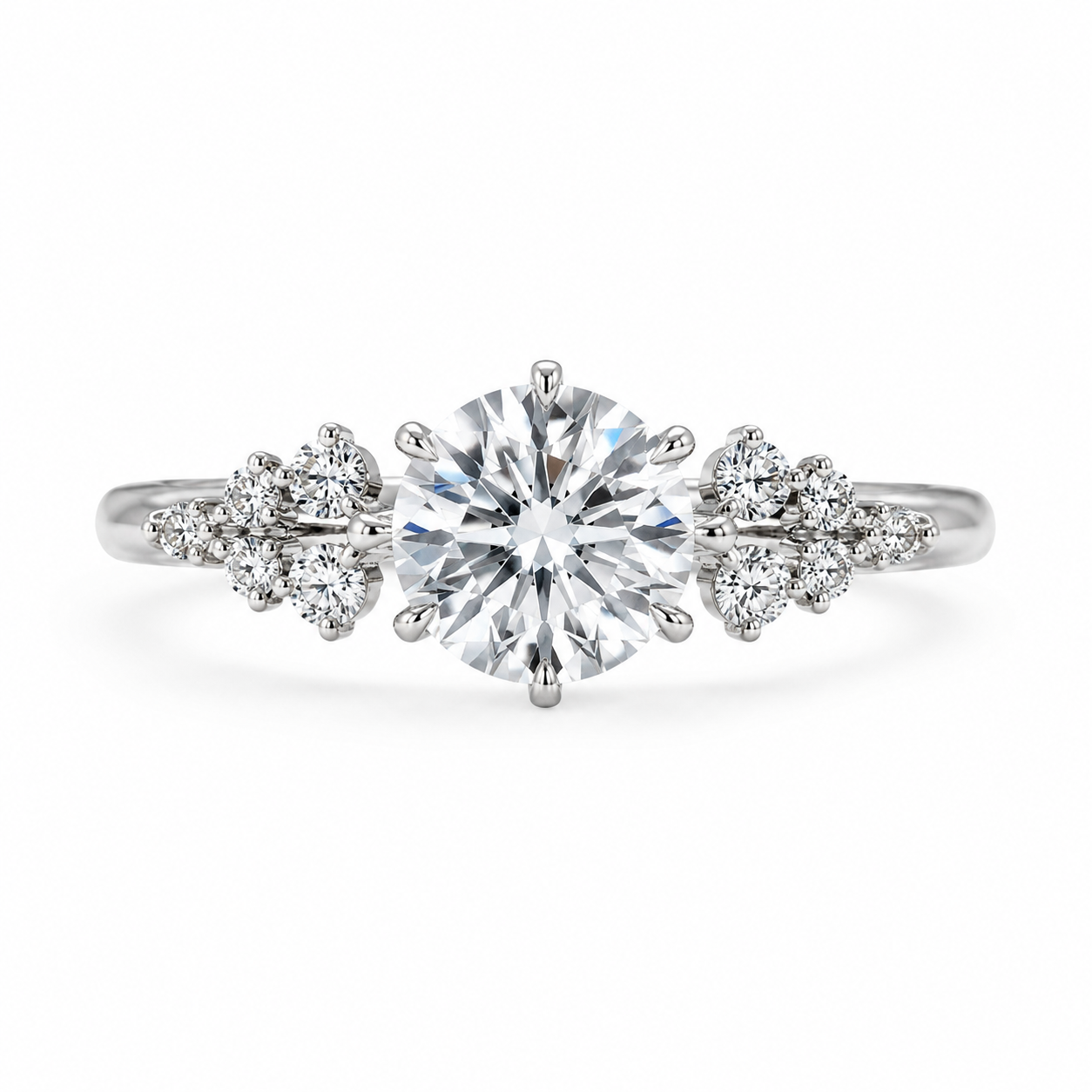2.00 CT Radiant Cut Lab-Grown Diamond Three-Stone Engagement Ring in 14K White Gold – Cluster Side Stone Bridal Design