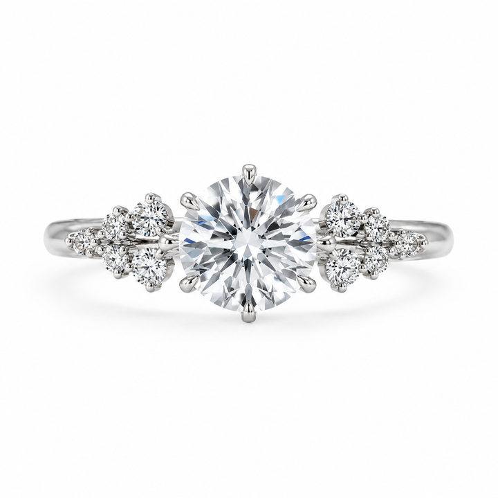 2.00 CT Radiant Cut Lab-Grown Diamond Three-Stone Engagement Ring in 14K White Gold â€“ Cluster Side Stone Bridal Design from Diamond Studio