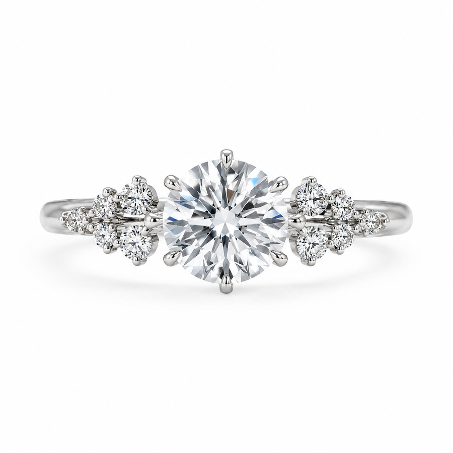 2.00 CT Radiant Cut Lab-Grown Diamond Three-Stone Engagement Ring in 14K White Gold – Cluster Side Stone Bridal Design