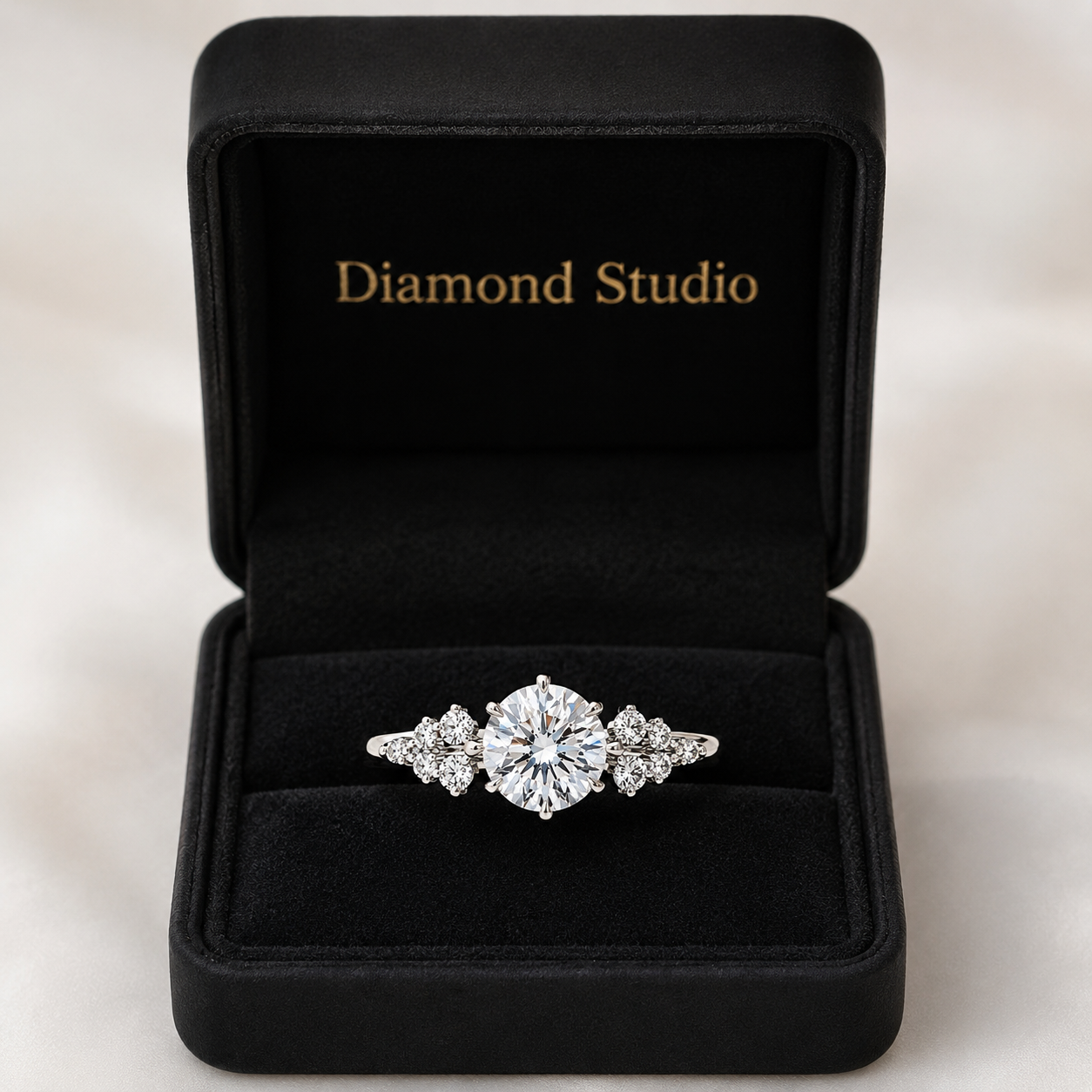 2.00 CT Radiant Cut Lab-Grown Diamond Three-Stone Engagement Ring in 14K White Gold – Cluster Side Stone Bridal Design