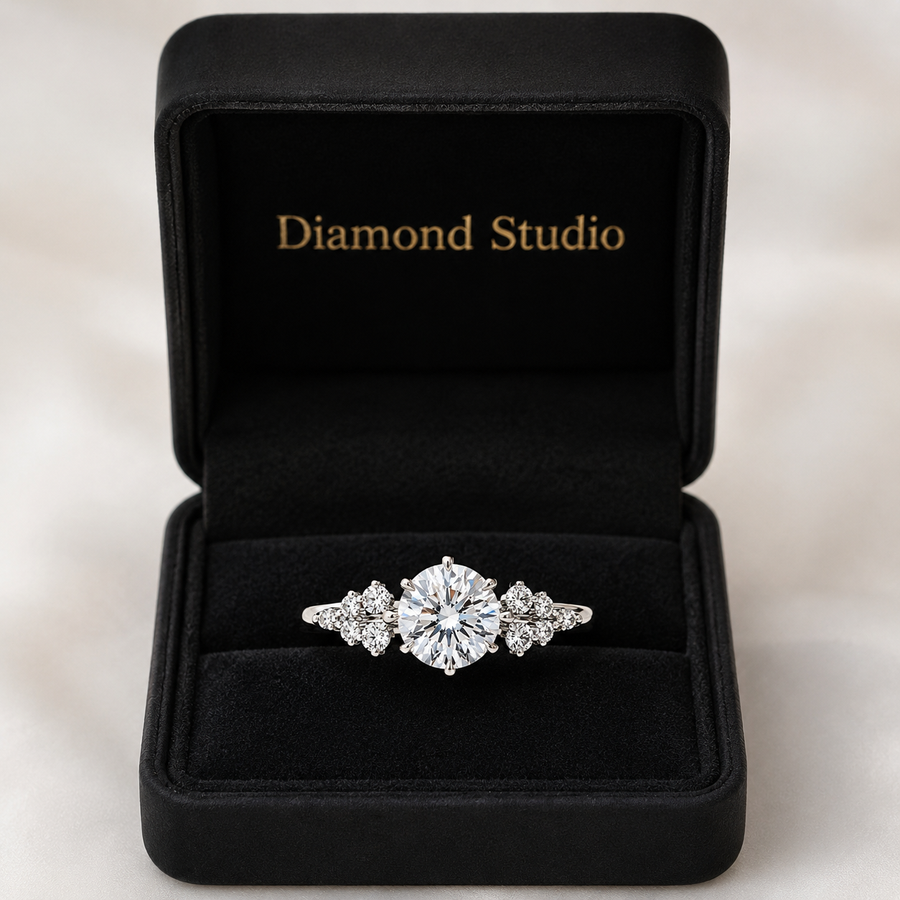 2.00 CT Round Cut Lab-Grown Diamond Three-Stone Engagement Ring in 14K White Gold – Cluster Side Stone Bridal Design