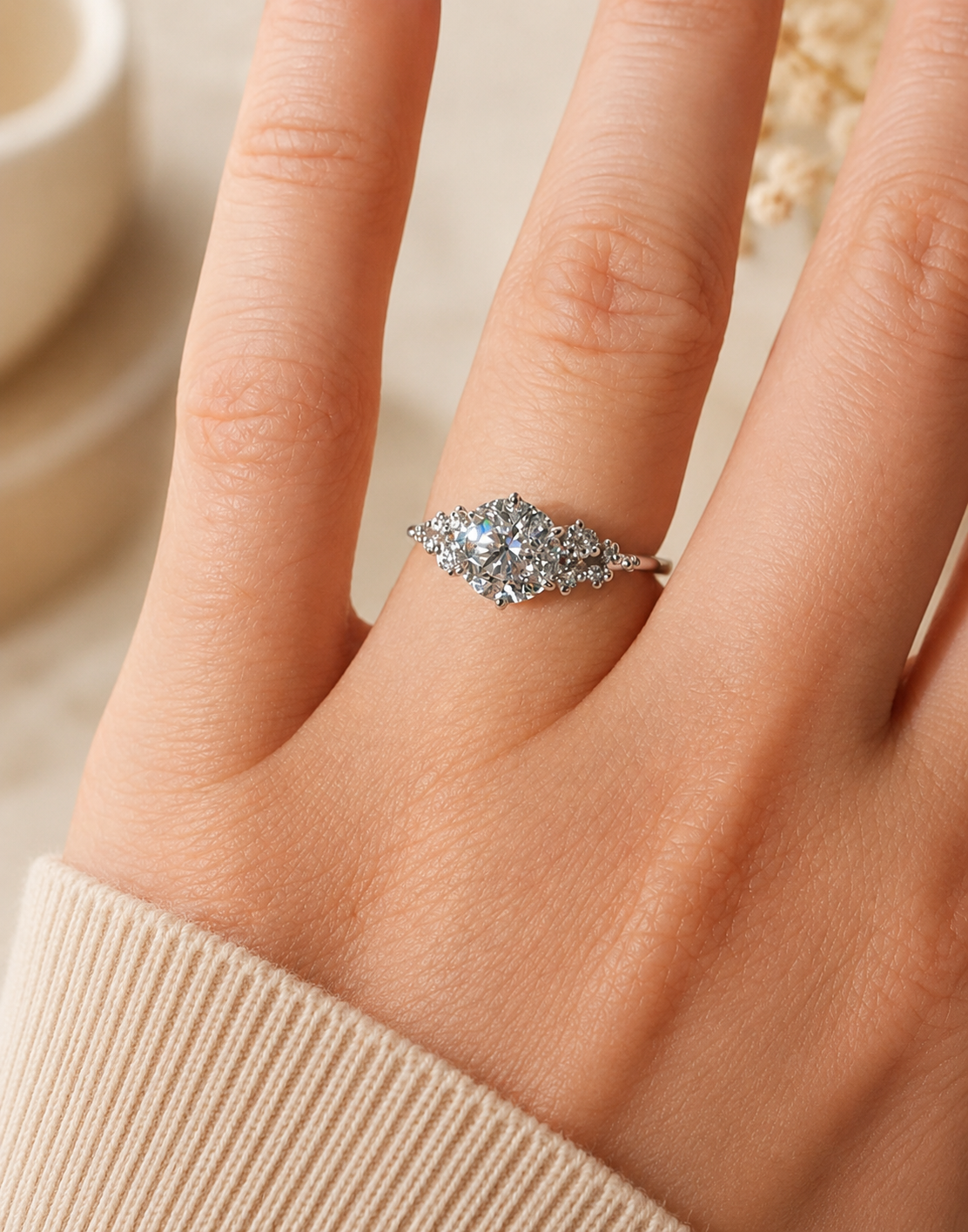 2.00 CT Radiant Cut Lab-Grown Diamond Three-Stone Engagement Ring in 14K White Gold – Cluster Side Stone Bridal Design