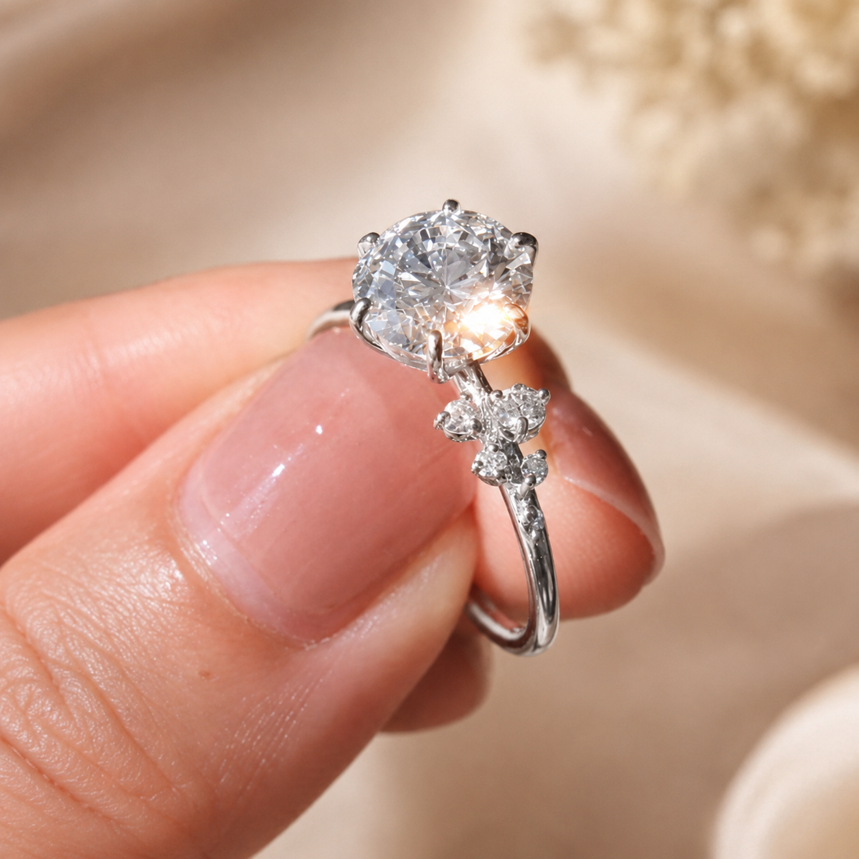 2.00 CT Radiant Cut Lab-Grown Diamond Three-Stone Engagement Ring in 14K White Gold – Cluster Side Stone Bridal Design