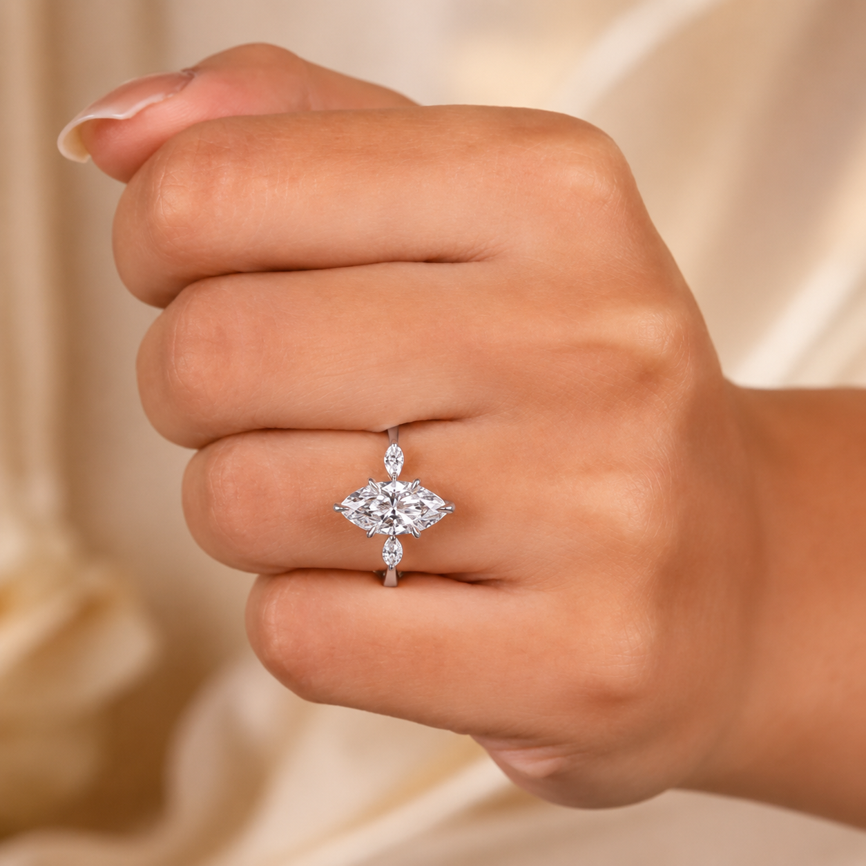 3.00 CT Marquise Lab-Grown Diamond Three-Stone Engagement Ring in 14K White Gold – Anniversary Trilogy Design